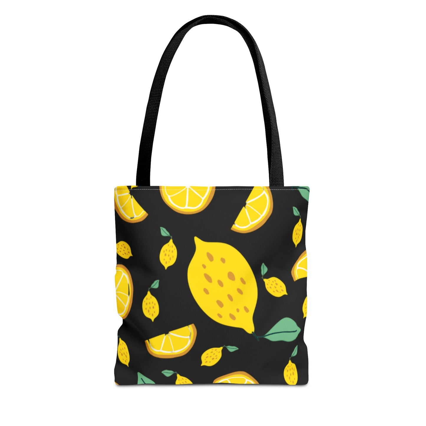 Lemon Pattern Tote Bag black canvas background| Yellow Citrus All-Over Print