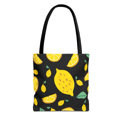 Lemon Pattern Tote Bag black canvas background| Yellow Citrus All-Over Print