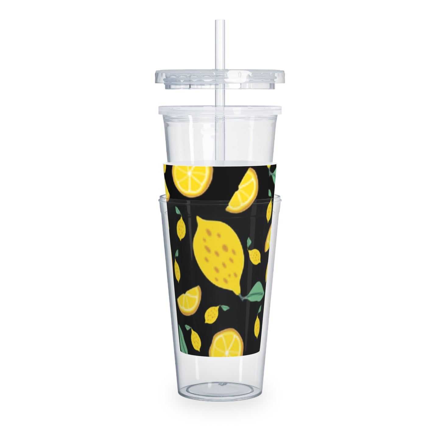Lemon Pattern Plastic Tumbler with Straw | Citrus Fruit Design/Black