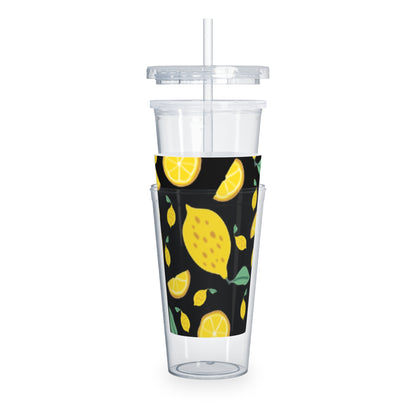Lemon Pattern Plastic Tumbler with Straw | Citrus Fruit Design/Black