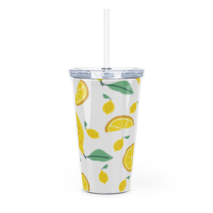 Lemon Pattern Plastic Tumbler with Straw | Citrus Fruit Design/White