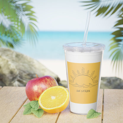 Sun Chaser Plastic Tumbler with Straw — Yellow Sunrise Graphic Cold Cup