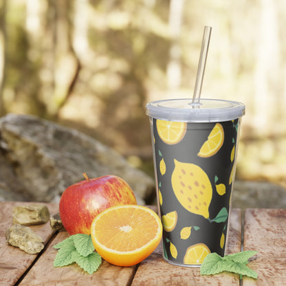 Lemon Pattern Plastic Tumbler with Straw | Citrus Fruit Design/Black