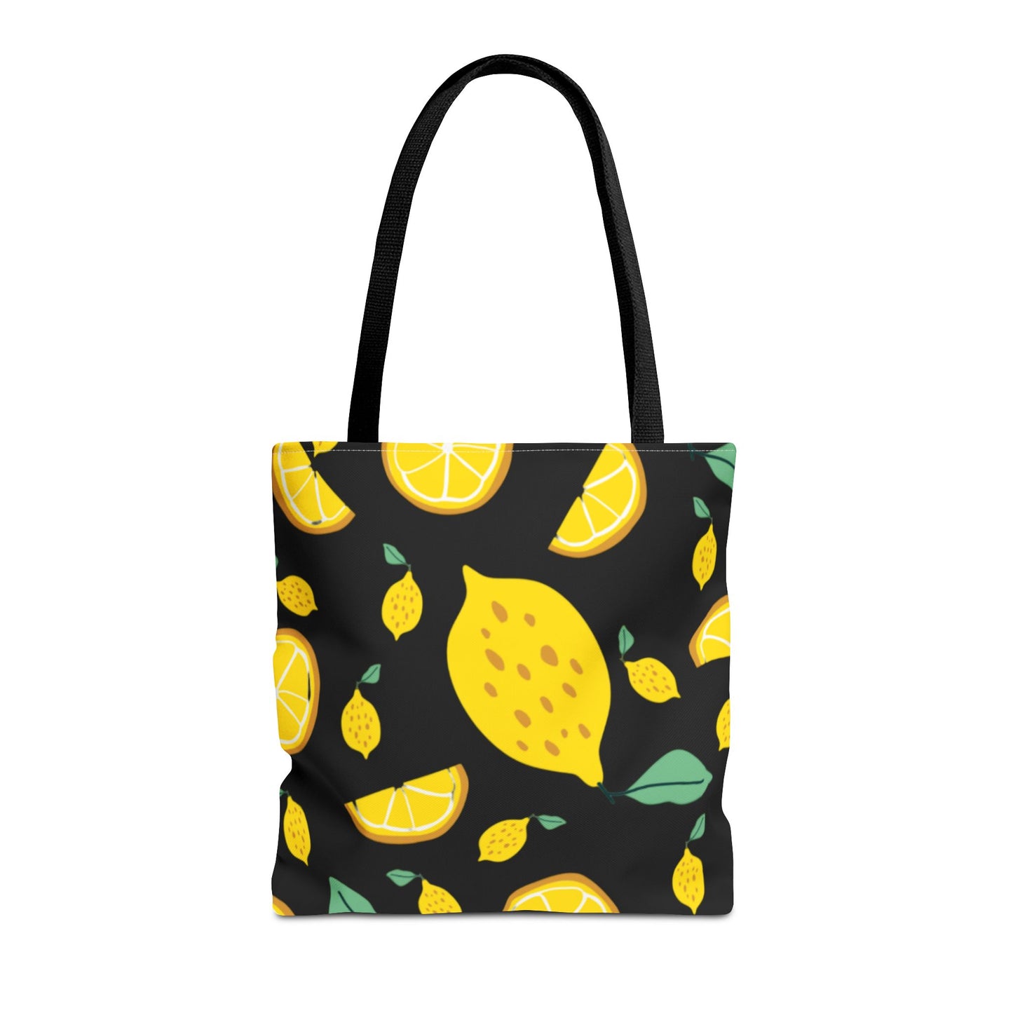 Lemon Pattern Tote Bag black canvas background| Yellow Citrus All-Over Print