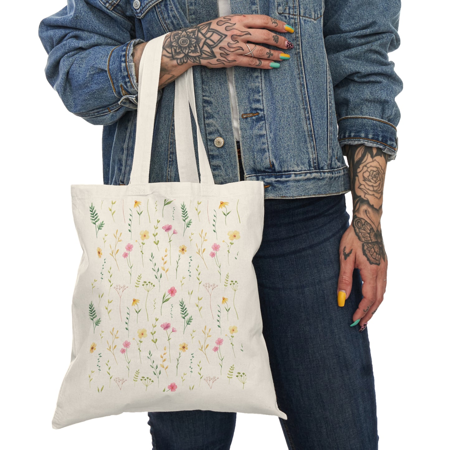 Floral Wildflower Tote Bag — Natural Canvas Market Bag with Watercolor Flowers