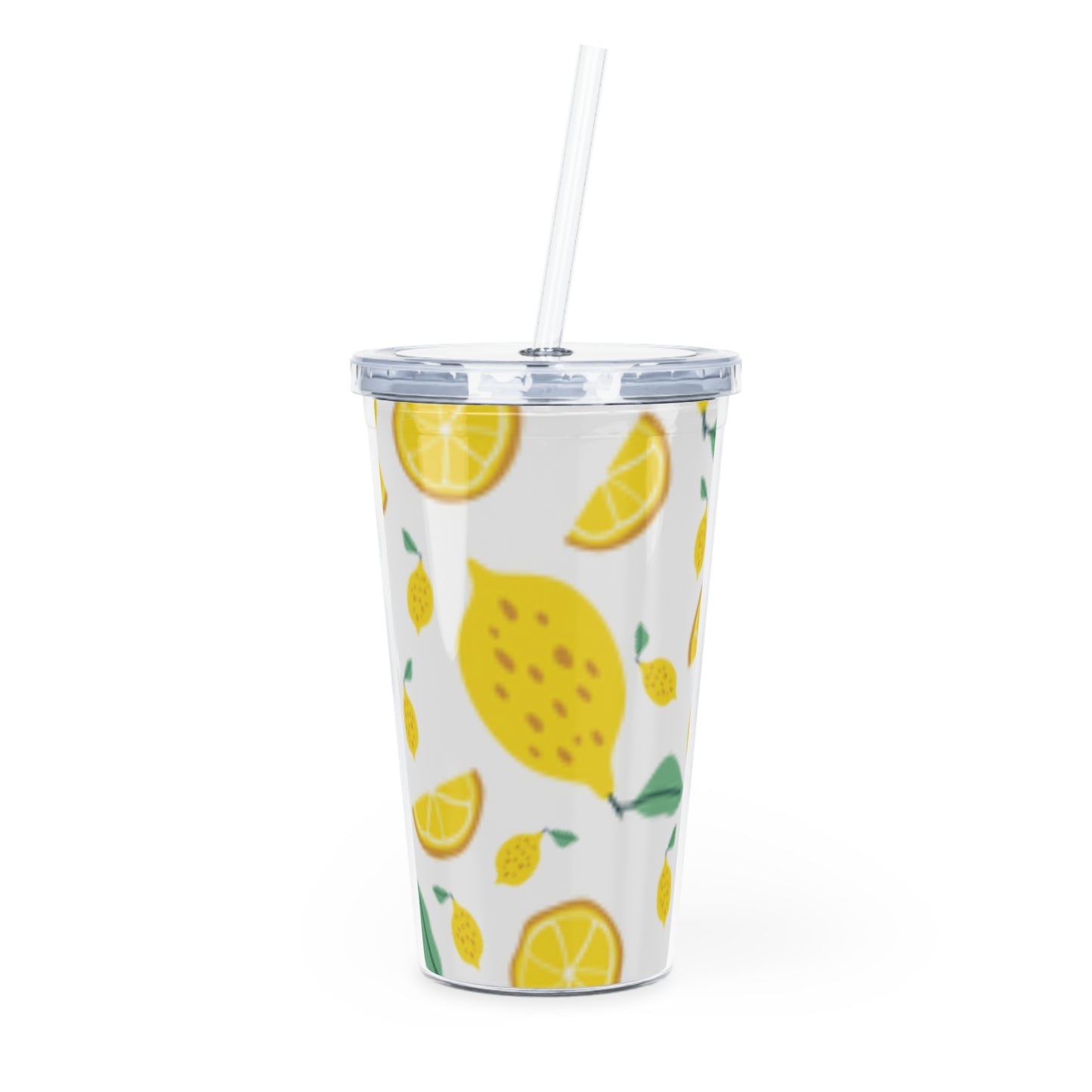 Lemon Pattern Plastic Tumbler with Straw | Citrus Fruit Design/White