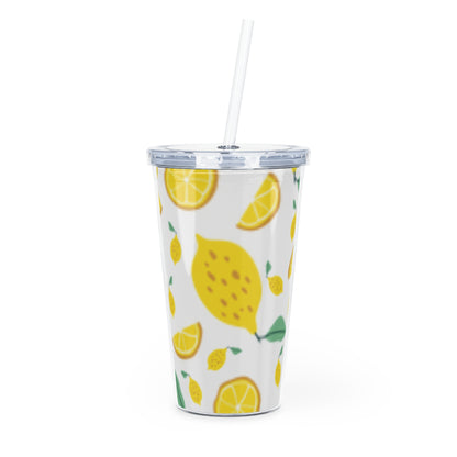 Lemon Pattern Plastic Tumbler with Straw | Citrus Fruit Design/White