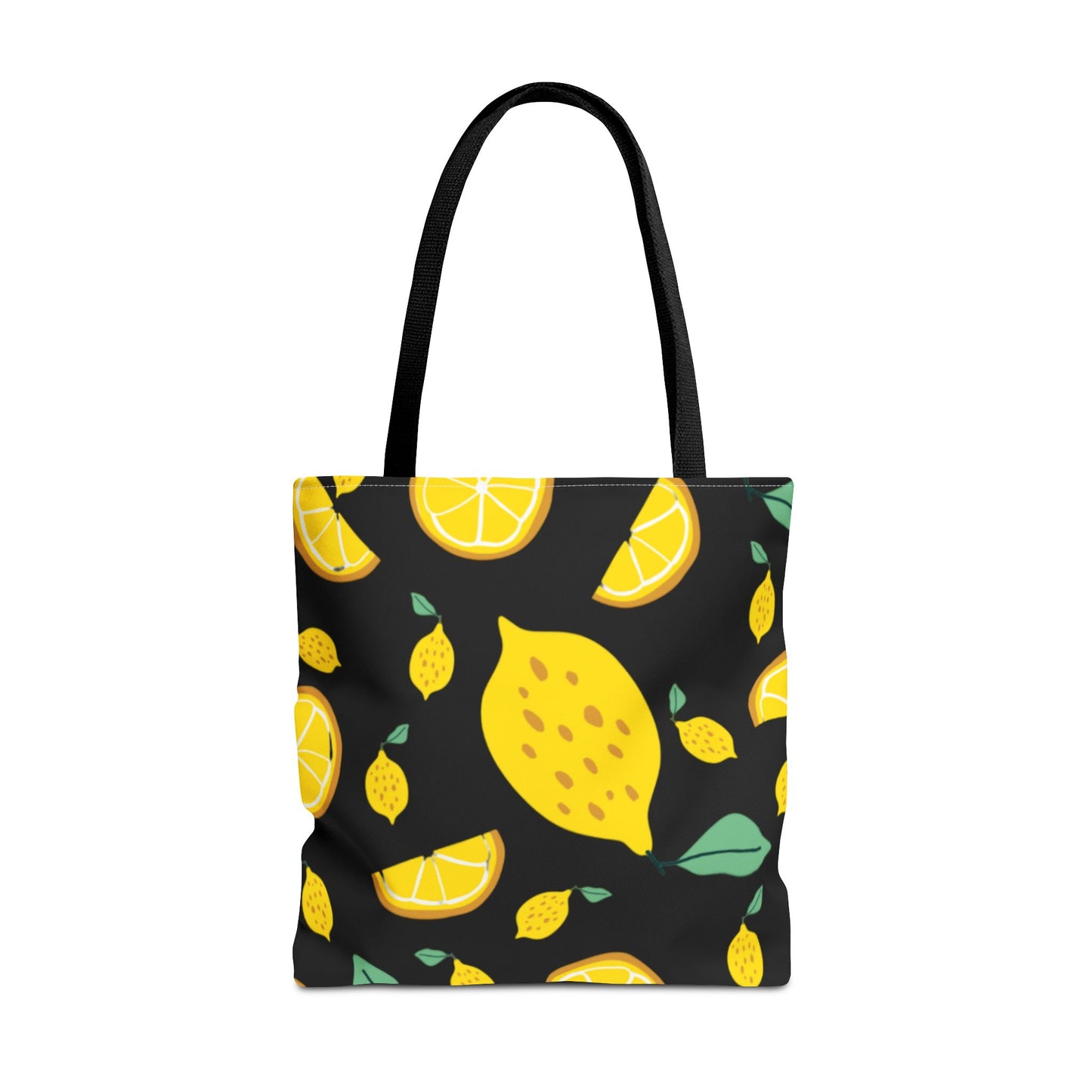 Lemon Pattern Tote Bag black canvas background| Yellow Citrus All-Over Print