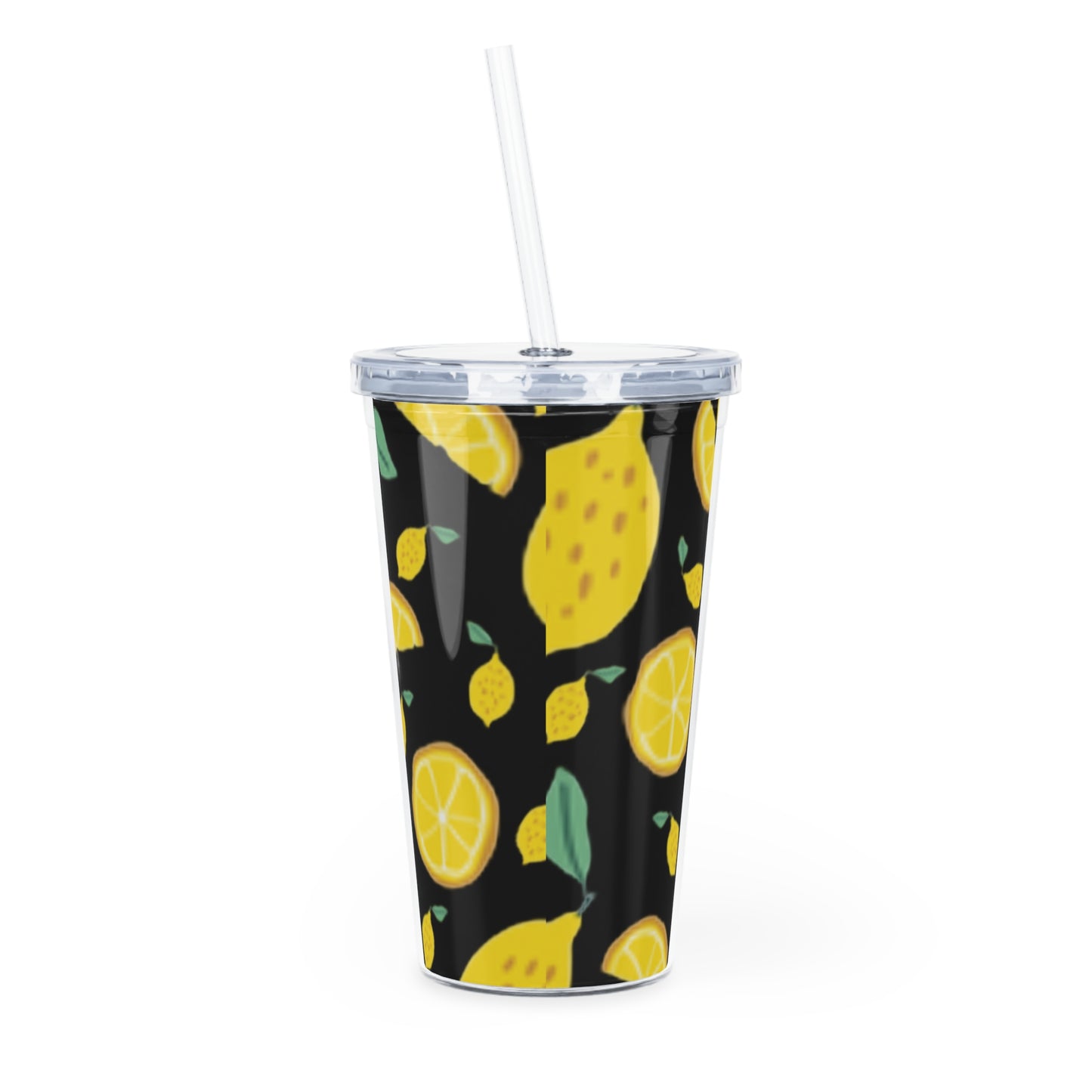 Lemon Pattern Plastic Tumbler with Straw | Citrus Fruit Design/Black