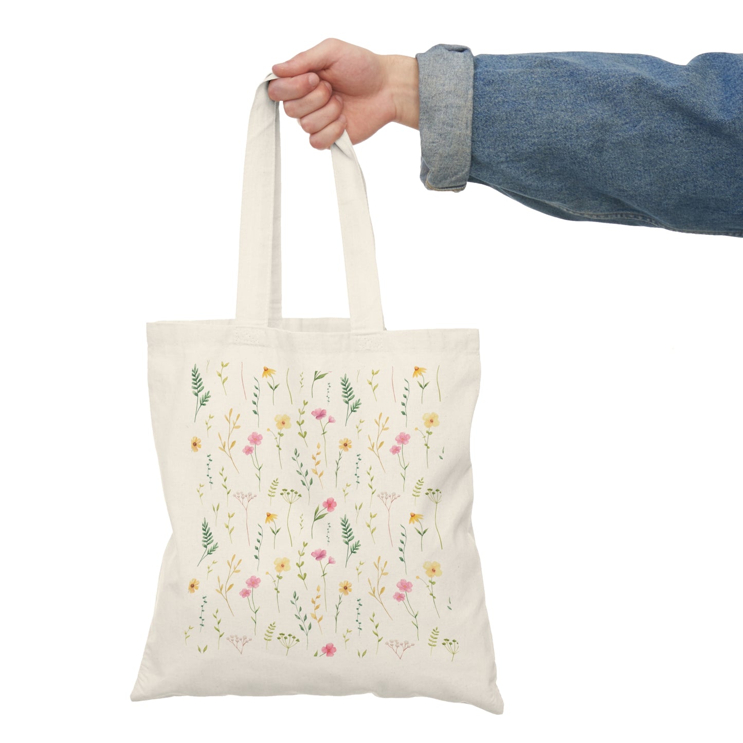 Floral Wildflower Tote Bag — Natural Canvas Market Bag with Watercolor Flowers