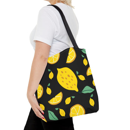 Lemon Pattern Tote Bag black canvas background| Yellow Citrus All-Over Print