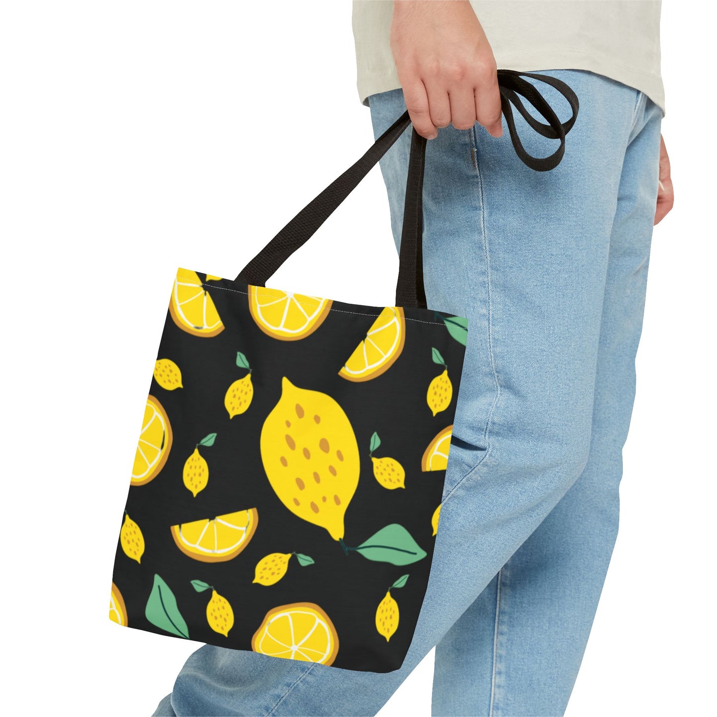 Lemon Pattern Tote Bag black canvas background| Yellow Citrus All-Over Print