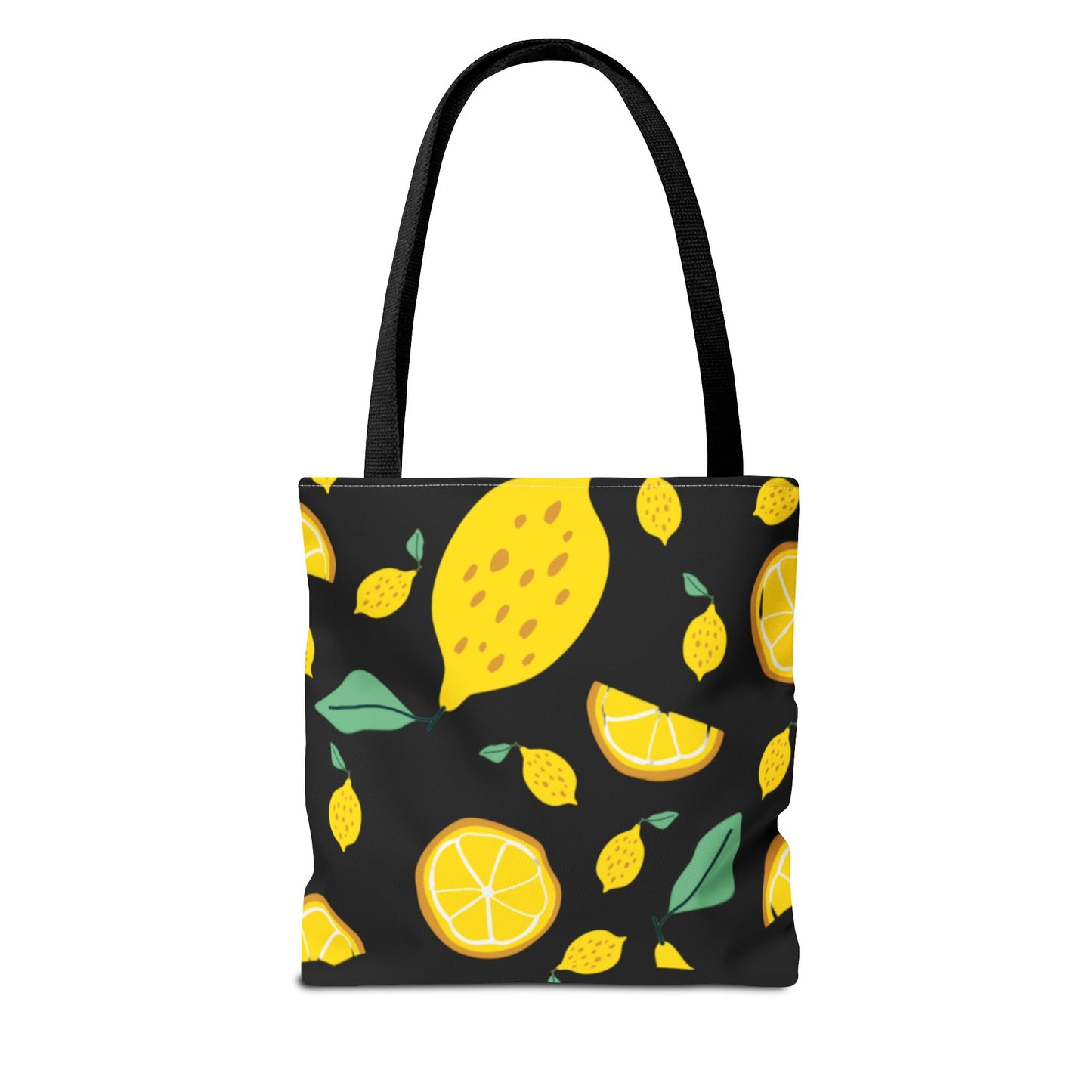 Lemon Pattern Tote Bag black canvas background| Yellow Citrus All-Over Print