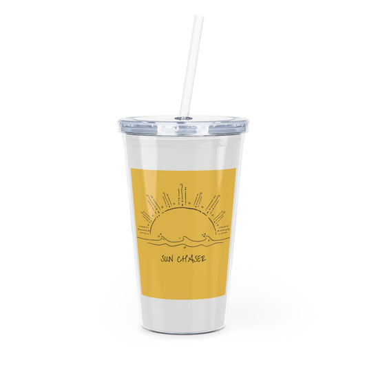 Sun Chaser Plastic Tumbler with Straw — Yellow Sunrise Graphic Cold Cup
