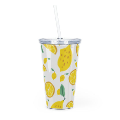 Lemon Pattern Plastic Tumbler with Straw | Citrus Fruit Design/White