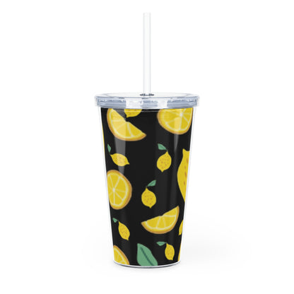 Lemon Pattern Plastic Tumbler with Straw | Citrus Fruit Design/Black