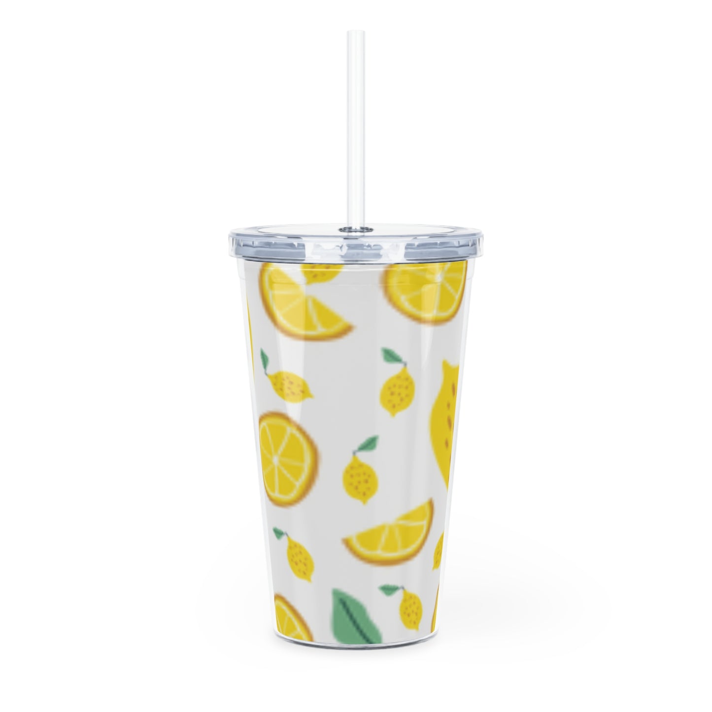 Lemon Pattern Plastic Tumbler with Straw | Citrus Fruit Design/White