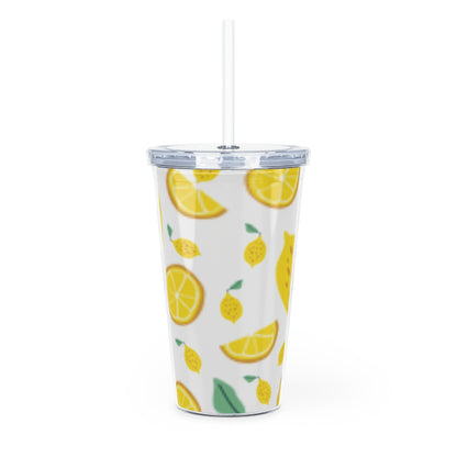 Lemon Pattern Plastic Tumbler with Straw | Citrus Fruit Design/White