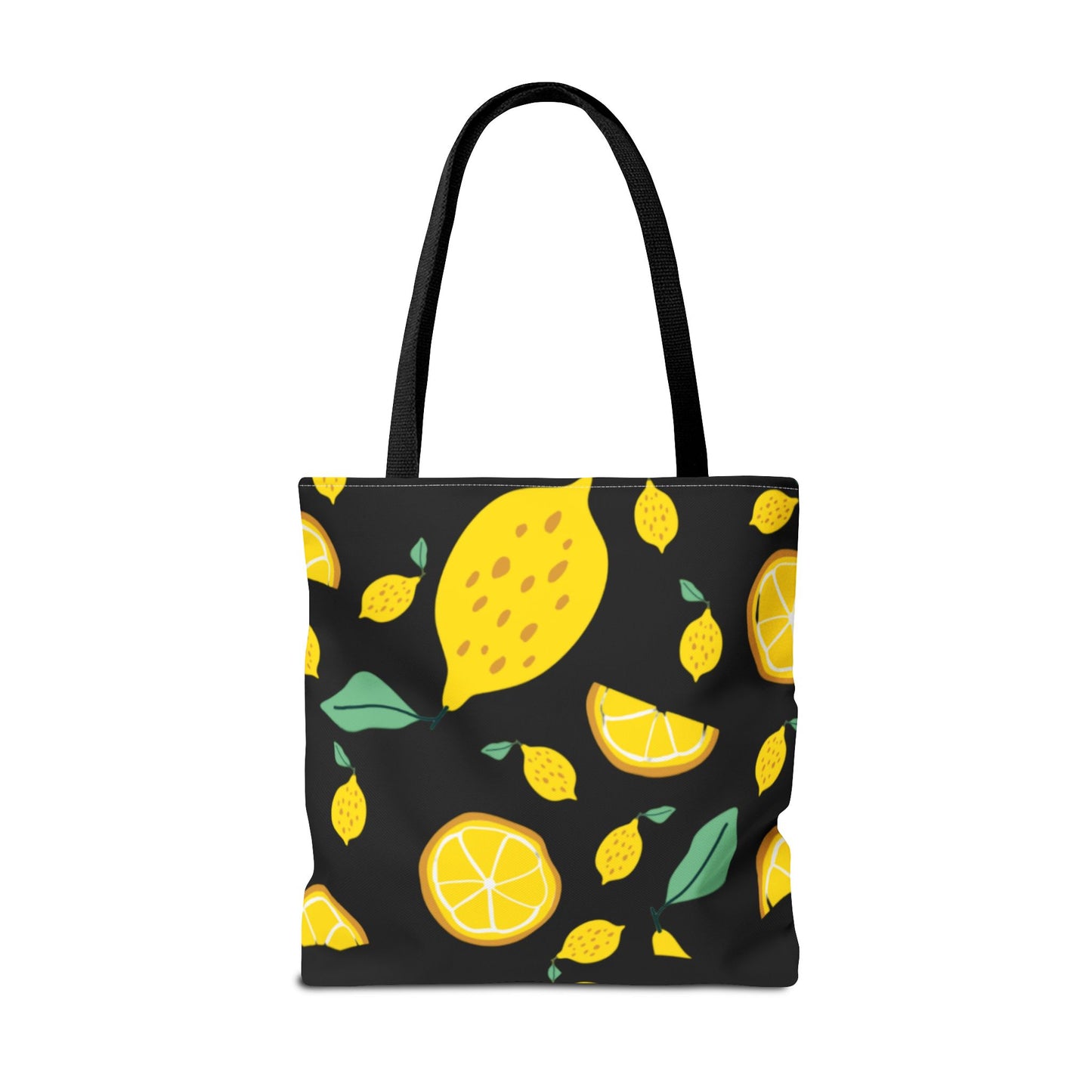 Lemon Pattern Tote Bag black canvas background| Yellow Citrus All-Over Print