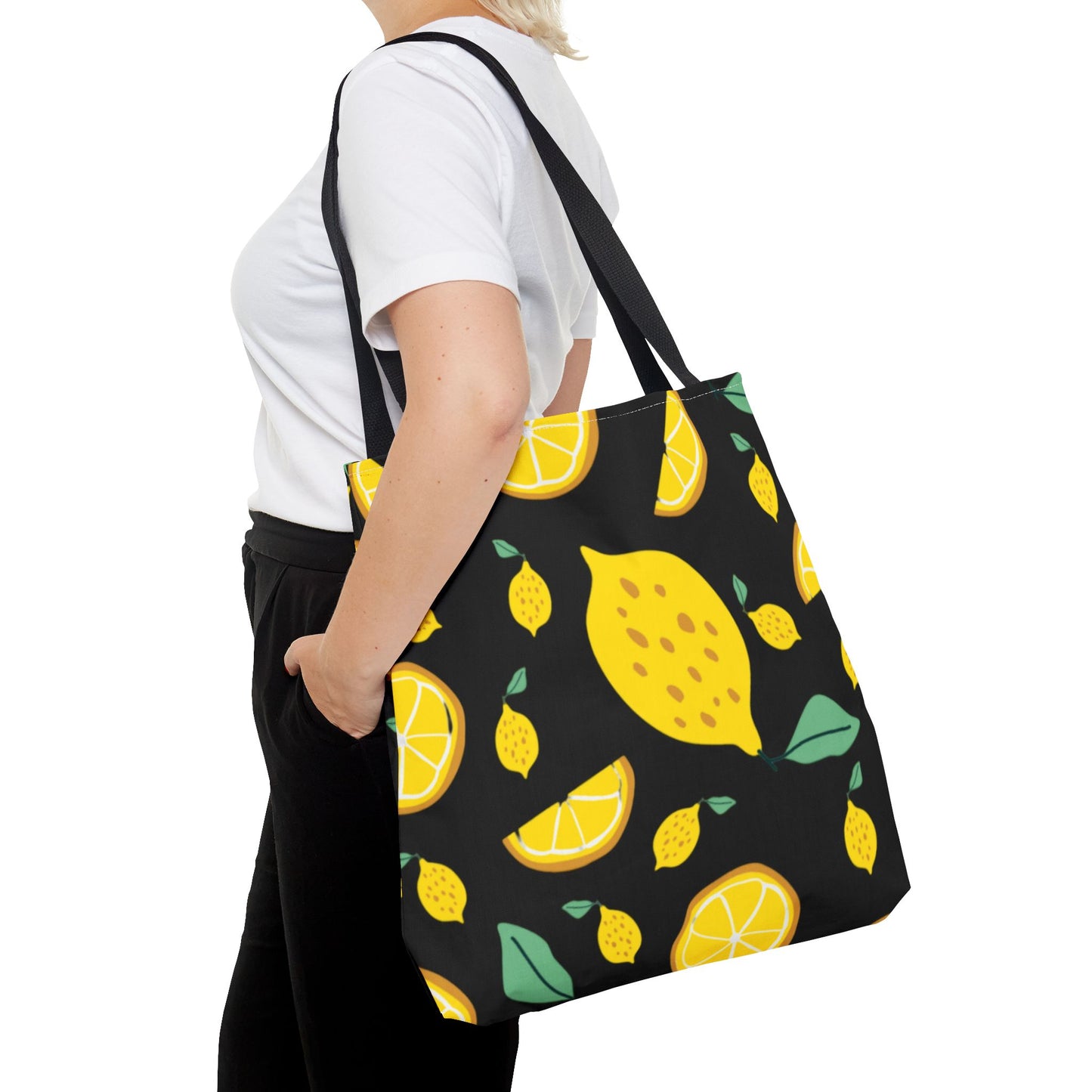Lemon Pattern Tote Bag black canvas background| Yellow Citrus All-Over Print