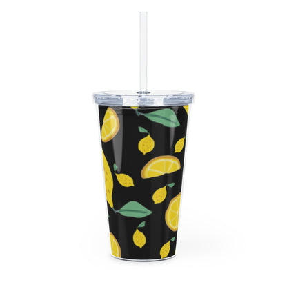 Lemon Pattern Plastic Tumbler with Straw | Citrus Fruit Design/Black