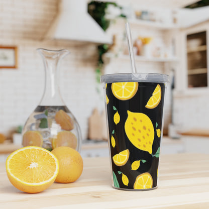 Lemon Pattern Plastic Tumbler with Straw | Citrus Fruit Design/Black