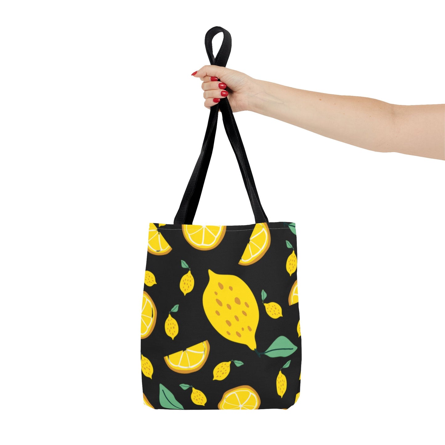 Lemon Pattern Tote Bag black canvas background| Yellow Citrus All-Over Print