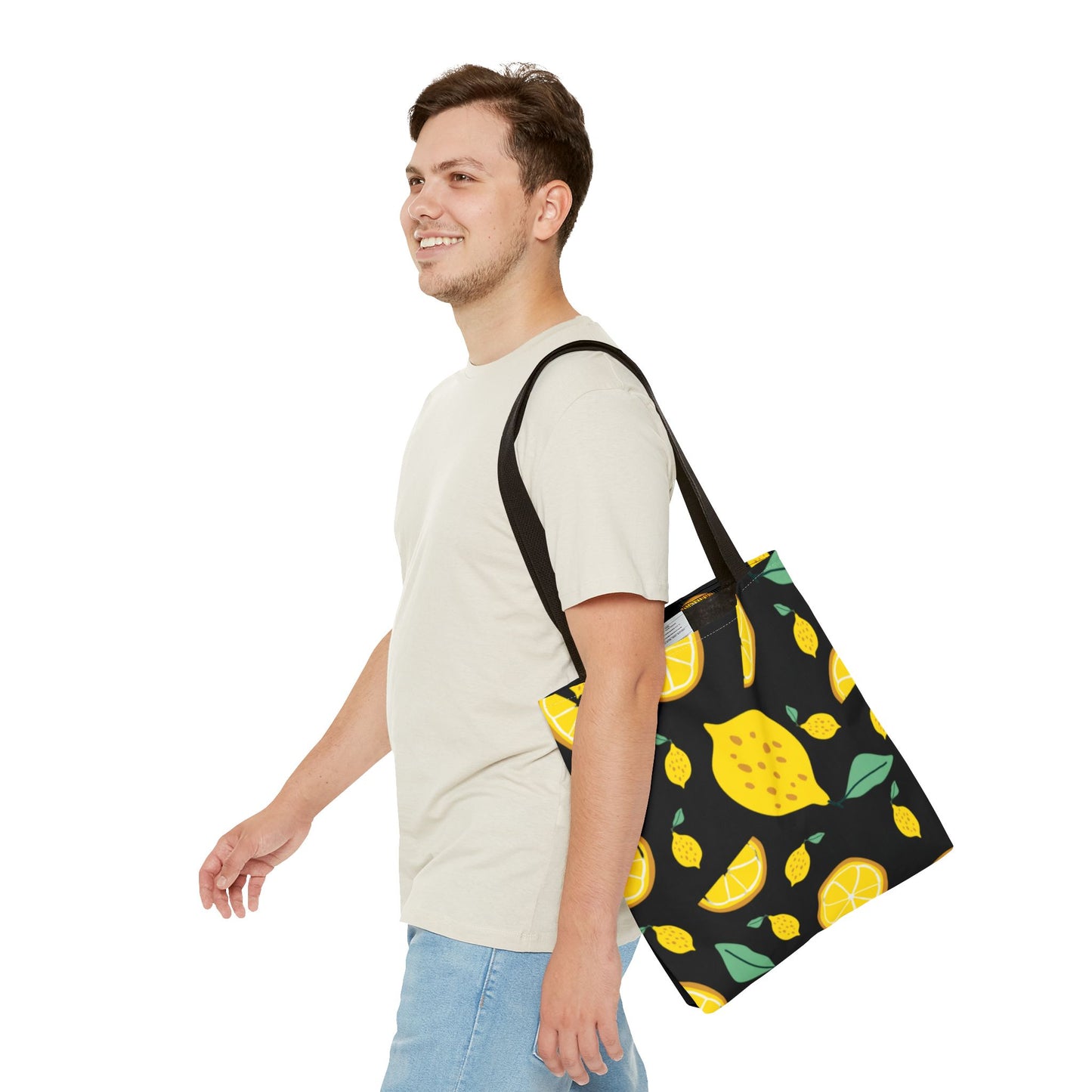 Lemon Pattern Tote Bag black canvas background| Yellow Citrus All-Over Print