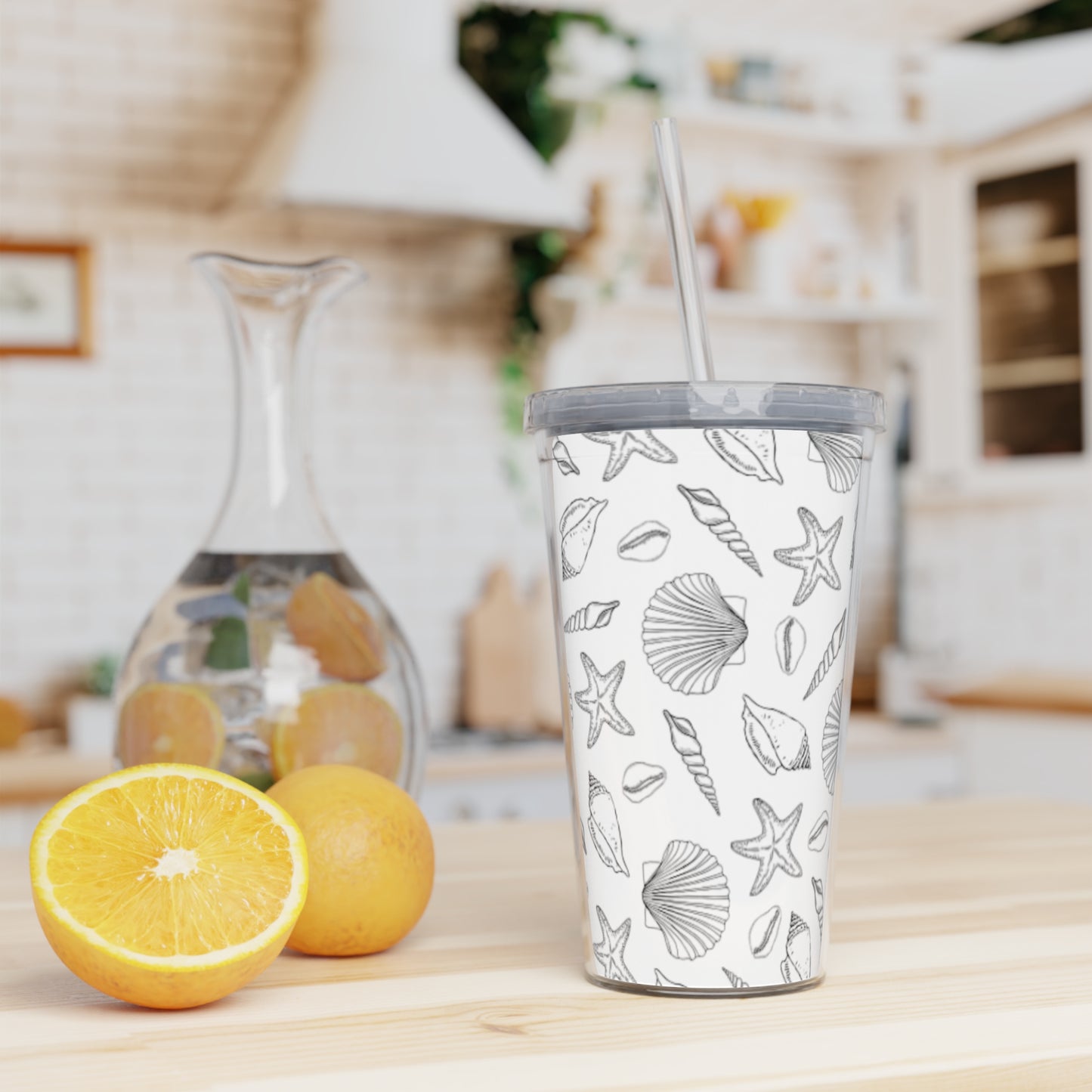 Seashell Pattern Plastic Tumbler with Straw | Beach Shells Design