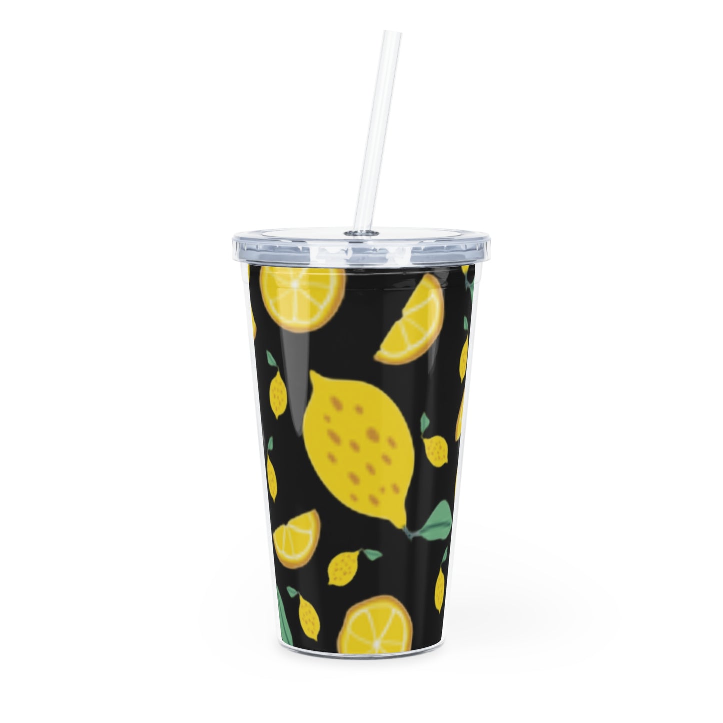 Lemon Pattern Plastic Tumbler with Straw | Citrus Fruit Design/Black