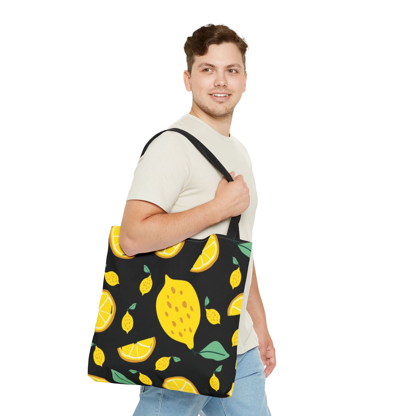 Lemon Pattern Tote Bag black canvas background| Yellow Citrus All-Over Print